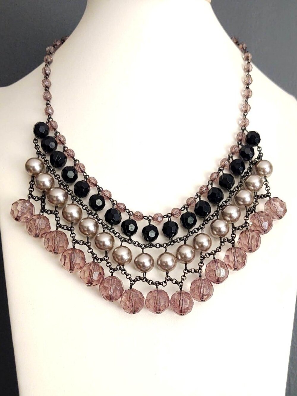 Smoke, metallic gray and black beaded statement necklace